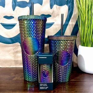 💜🖤Starbucks {SET} OIL SLICK Rainbow Fall 2023 Studded Tumblers & Keychain